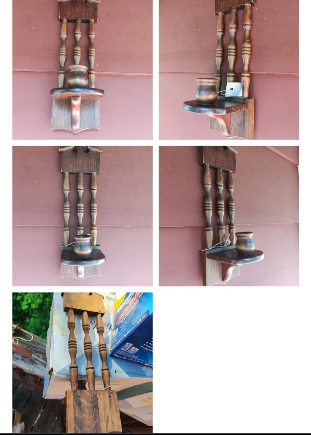A five-panel collage showing a rustic wooden wall-mounted candle holder with turned spindle details and a small metal cup. The product is shown from multiple angles, including one outdoor view against a pink wall and one view on a workbench.