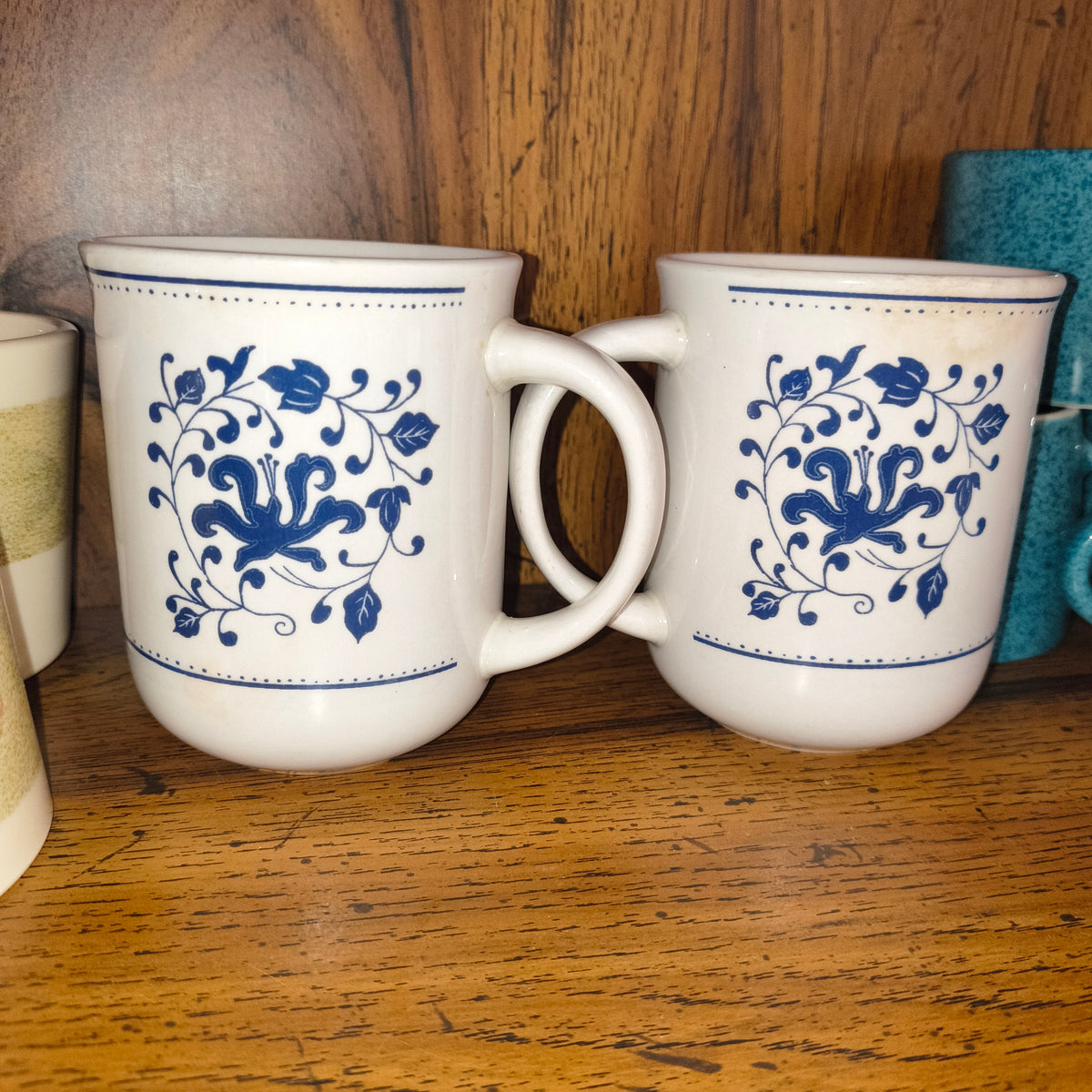 Pair of blue and white coffee mugs