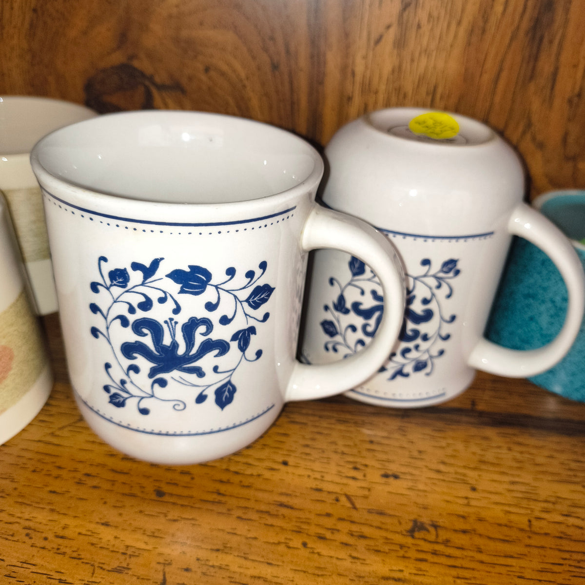 Pair of blue and white coffee mugs