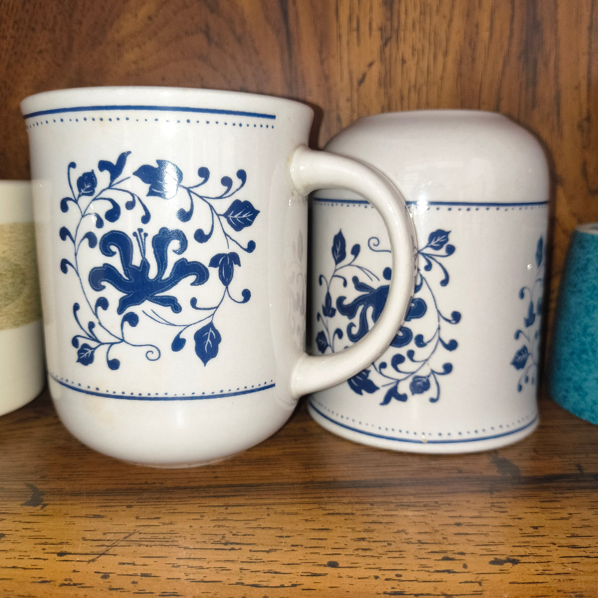 Pair of blue and white coffee mugs